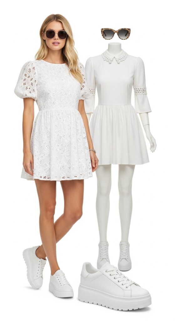 25 Trendy White Sneakers Outfits for Women That Are Totally Chic 21 All-White Everything Mini Dress and Platform Sneakers
