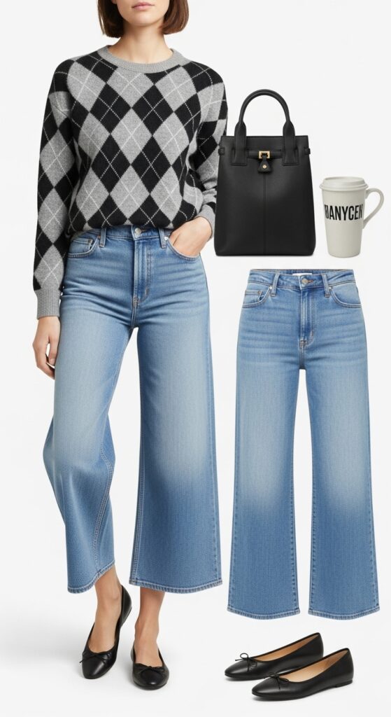 Argyle Sweater and Wide-Leg Jeans