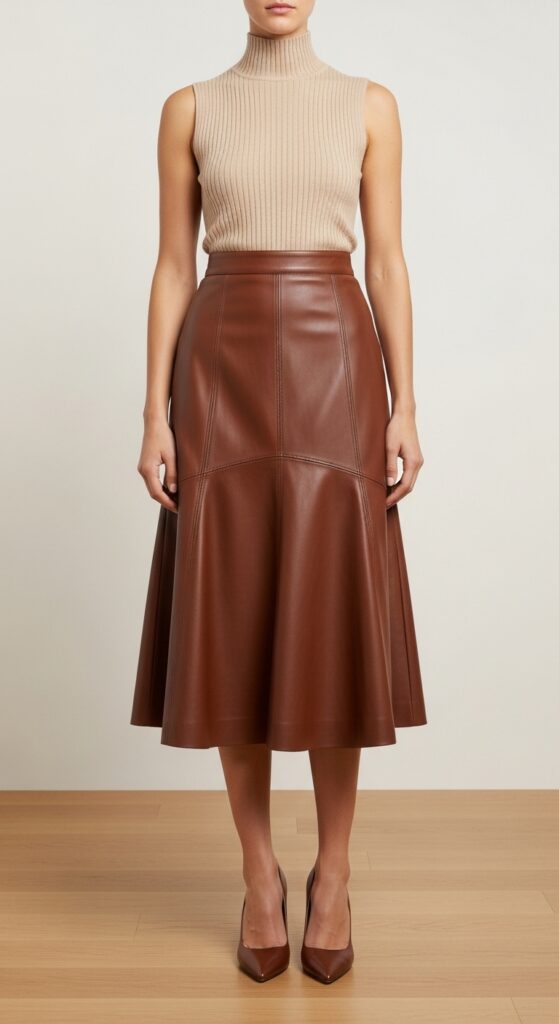 14 Stylish Brown Skirt Outfit Ideas You’ll Love 3 Beige Top & Brown Leather Skirt