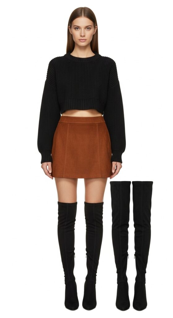 14 Stylish Brown Skirt Outfit Ideas You’ll Love 12 Black Sweater & Suede Mini Skirt
