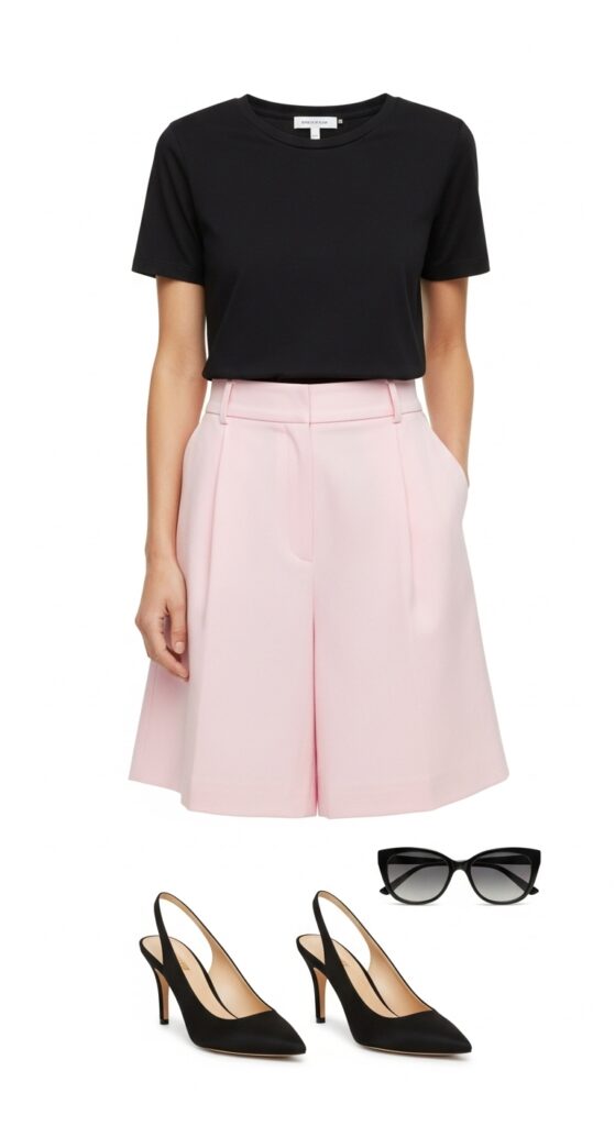 Black Tee & Light Pink Wide-Leg Shorts – Simple but Elegant