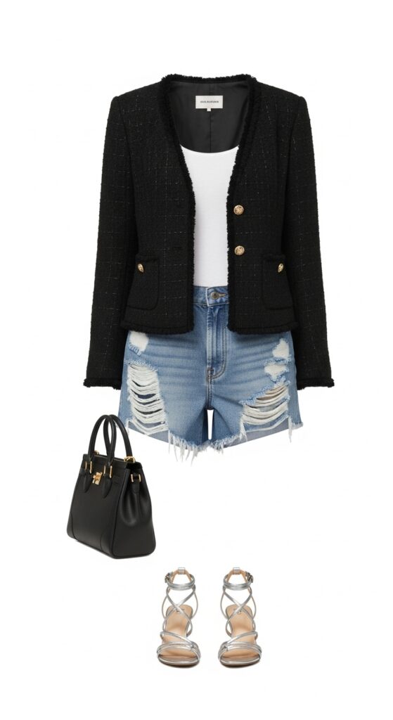 17 Stylish Ways to Wear a Tweed Jacket for Every Occasion 4 Black Tweed Jacket with Distressed Denim Shorts