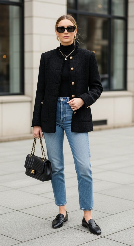 17 Stylish Ways to Wear a Tweed Jacket for Every Occasion 8 Black Tweed Jacket with Light Wash Jeans