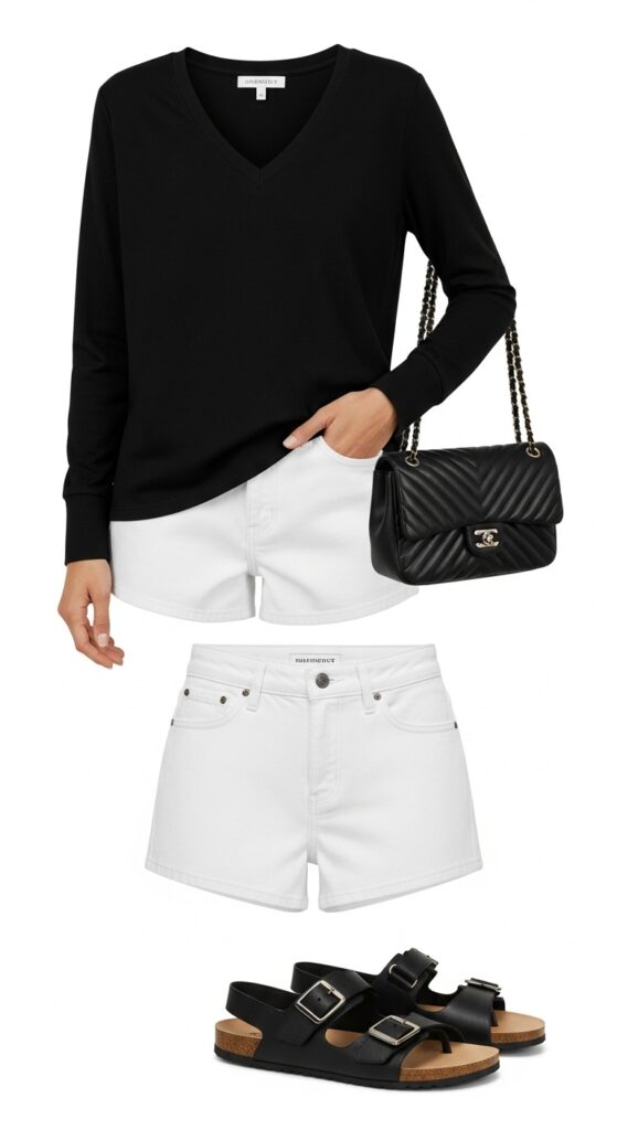 Black V-Neck & White Denim Shorts – Cool and Relaxed