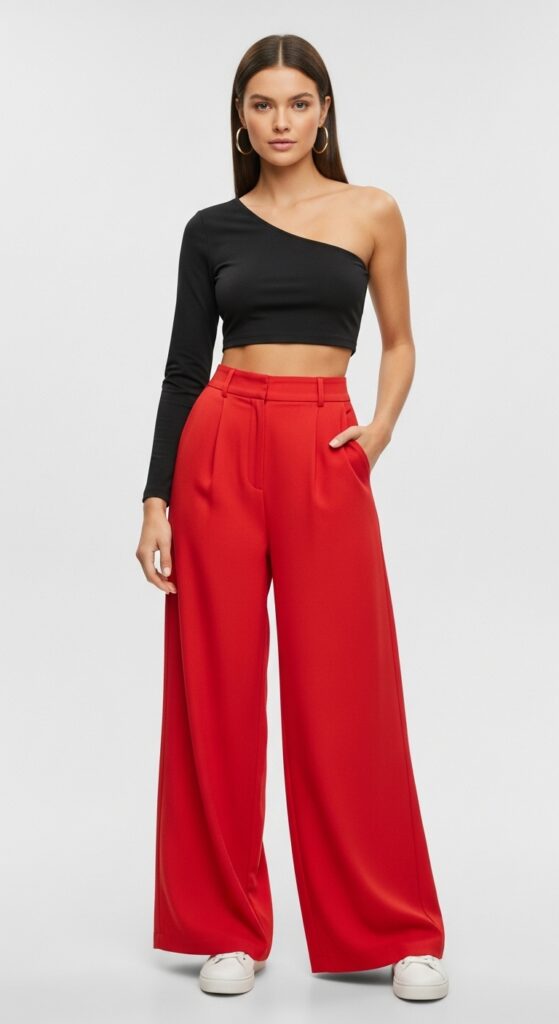 25 Trendy White Sneakers Outfits for Women That Are Totally Chic 16 Bold and Beautiful Crop Top and Wide-Leg Pants