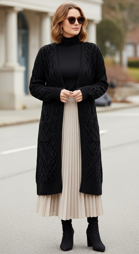 14 Stylish Ways to Wear a Long Cardigan for Any Occasion 7 Cable Knit Cardigan with Pleated Skirt
