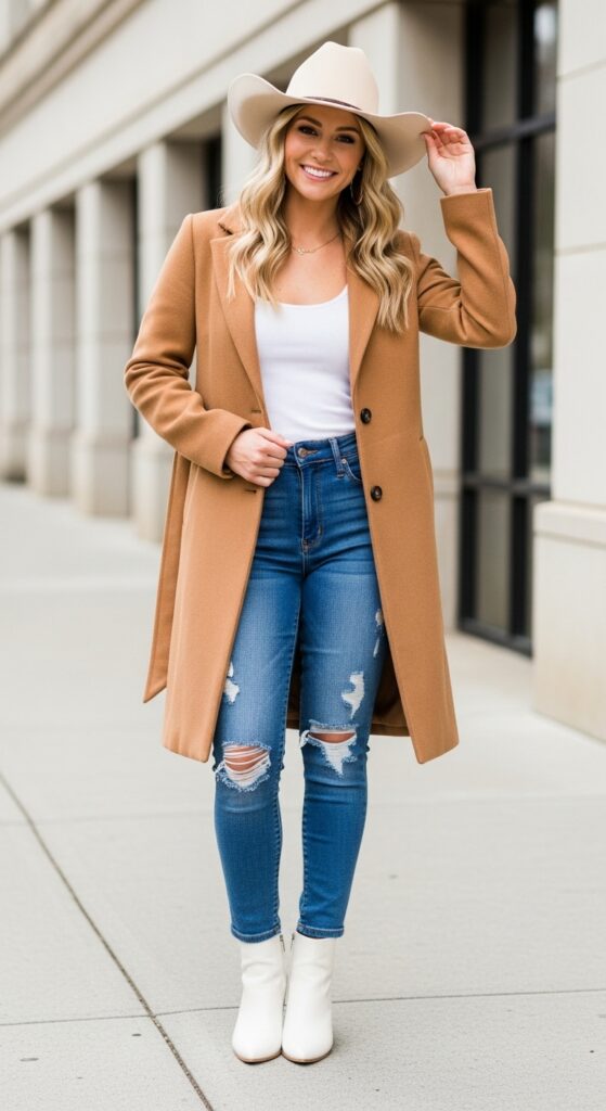 18 Winter Country Concert Outfit Ideas That Will Have You Dancing in Style 10 Camel Coat and Distressed Jeans