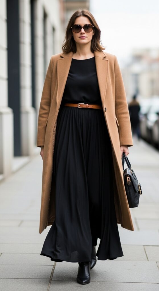 Camel Long Coat with Black Maxi Skirt