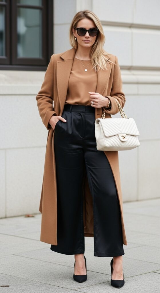 Camel Long Coat with Satin Wide-Leg Pants