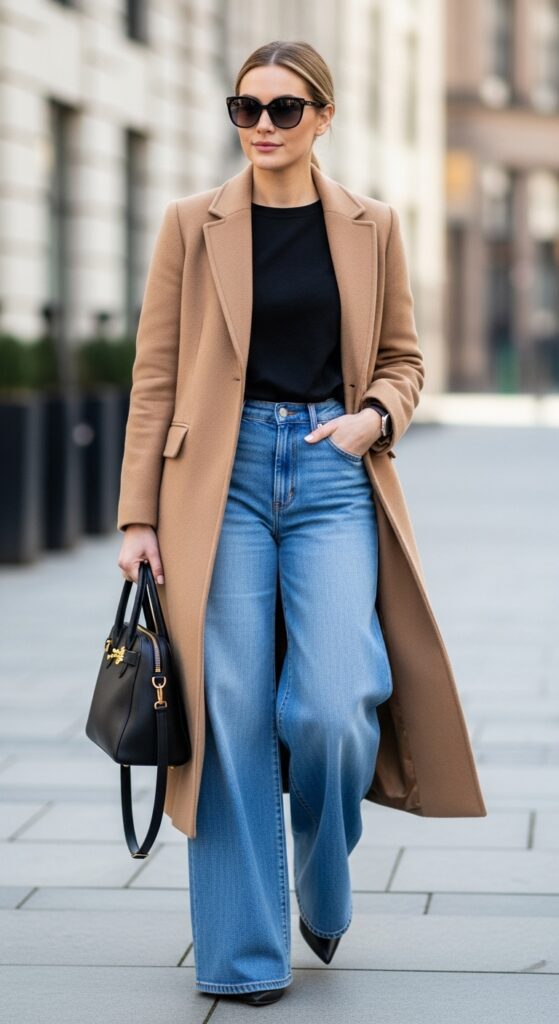 Casual Long Camel Coat with Wide-Leg Jeans