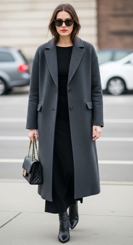 Chic Dark Gray Coat and Black Long Dress