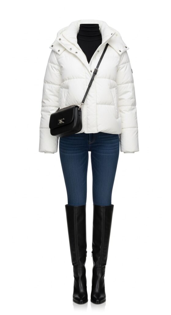 19 Cozy and Stylish Puffer Jacket Outfit Ideas for Winter 9 Classic White and Denim Combo
