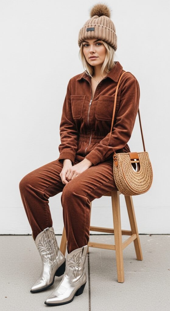 How to Wear Cowboy Boots: 22 Stylish Outfit Ideas You’ll Love 4 Corduroy Jumpsuit and Metallic Boots