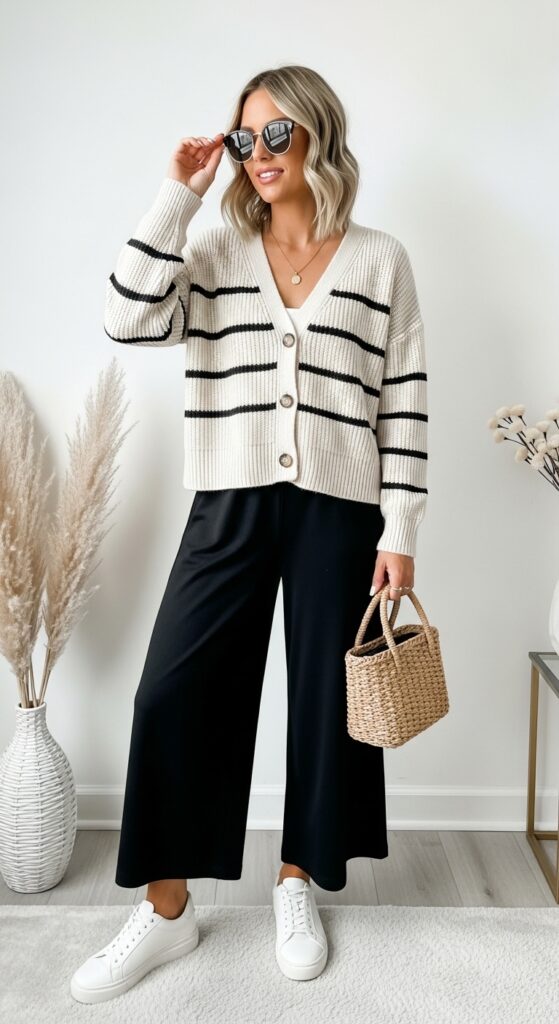25 Trendy White Sneakers Outfits for Women That Are Totally Chic 4 Cozy Casual Striped Cardigan and Wide-Leg Pants