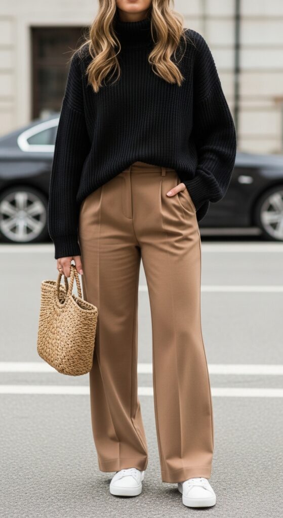 25 Trendy White Sneakers Outfits for Women That Are Totally Chic 13 Cozy Chic Oversized Sweater and Wide-Leg Trousers