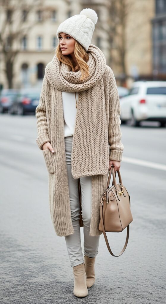 14 Stylish Ways to Wear a Long Cardigan for Any Occasion 5 Cozy Chic with a Chunky Scarf