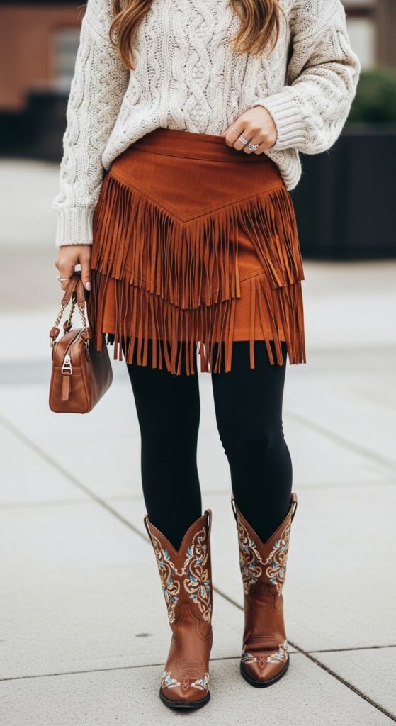 How to Wear Cowboy Boots: 22 Stylish Outfit Ideas You’ll Love 16 Cozy Knit and Suede Skirt