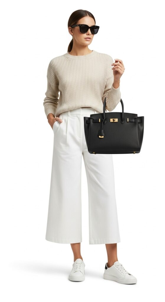 25 Trendy White Sneakers Outfits for Women That Are Totally Chic 23 Cozy Neutrals Ribbed Sweater and Wide-Leg Pants