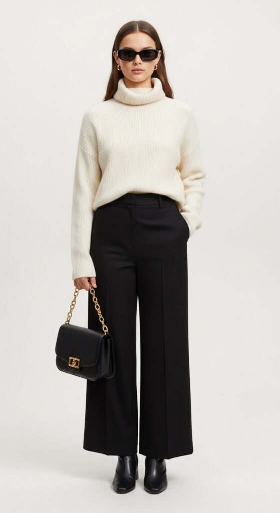 22 Chic Turtleneck Outfits to Elevate Your Style This Season 12 Cream & Black Elegance