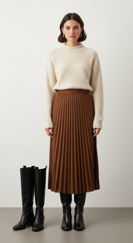 14 Stylish Brown Skirt Outfit Ideas You’ll Love 8 Cream Sweater & Pleated Midi Skirt