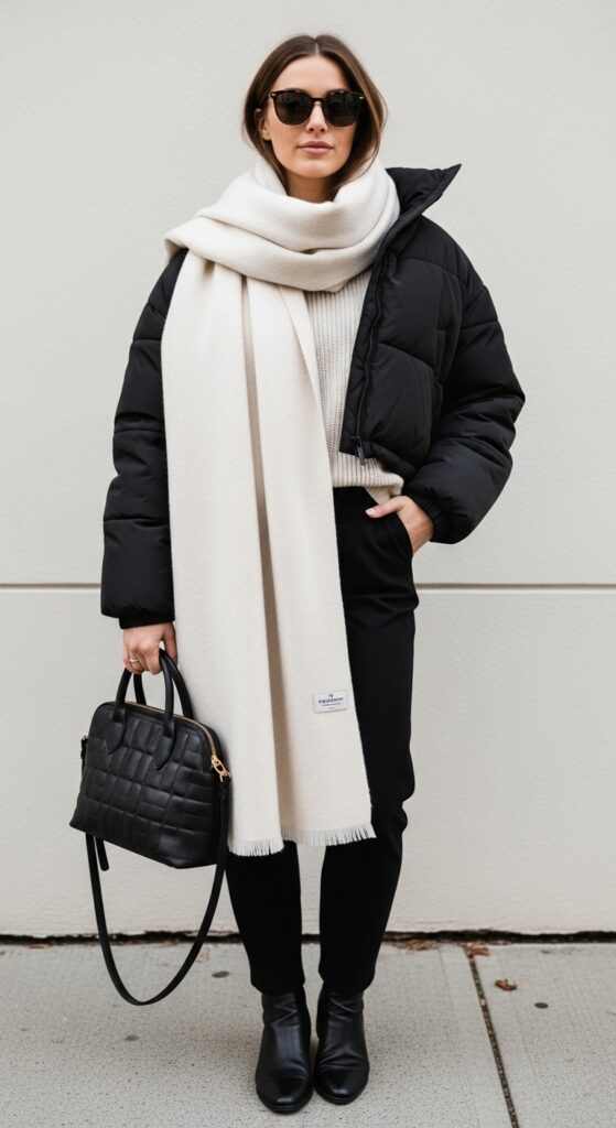 19 Cozy and Stylish Puffer Jacket Outfit Ideas for Winter 15 Cropped Puffer with Oversized Scarf