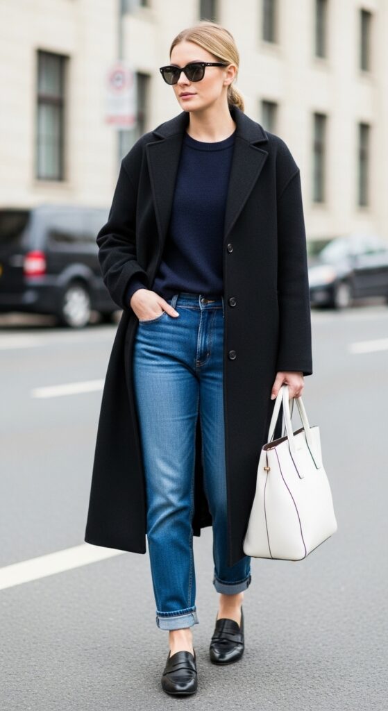 Dark Long Wool Coat with Blue Jeans