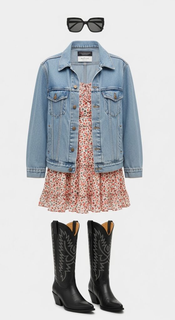 How to Wear Cowboy Boots: 22 Stylish Outfit Ideas You’ll Love 8 Denim Jacket and Floral Skirt