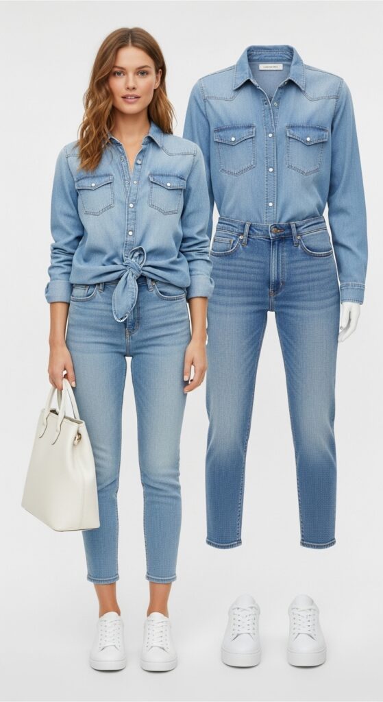 25 Trendy White Sneakers Outfits for Women That Are Totally Chic 24 Double Denim Shirt and Jeans