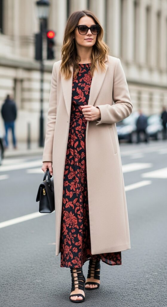 Elegant Long Beige Coat with Maxi Dress