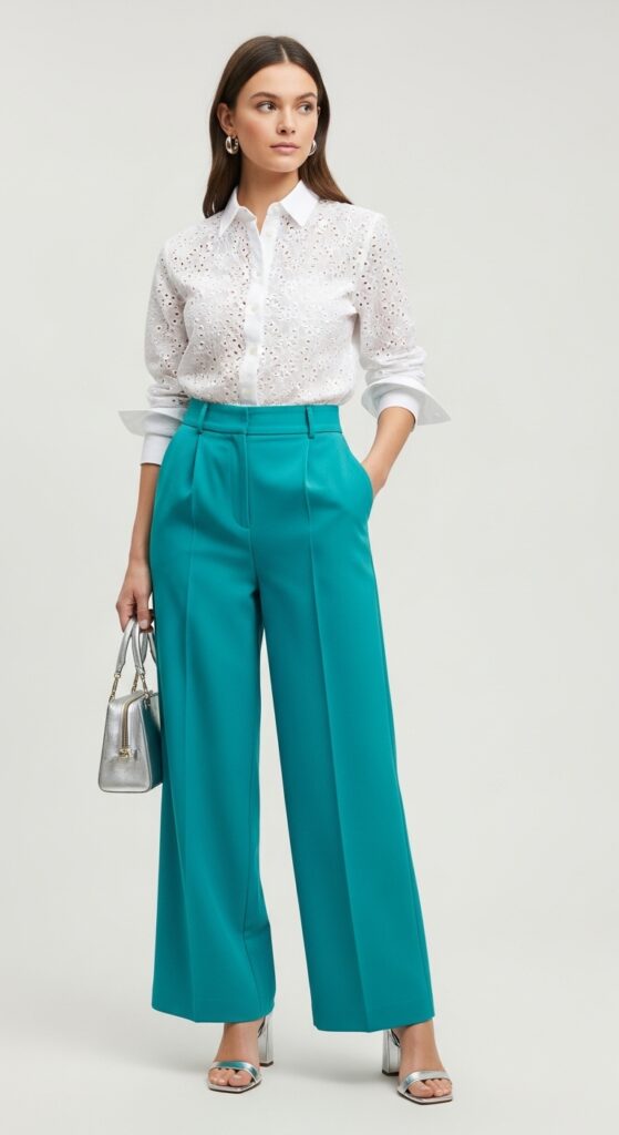 28 Stylish Ways to Wear a White Button-Down Shirt and Elevate Your Fashion 26 Eyelet Shirt & Teal Trousers
