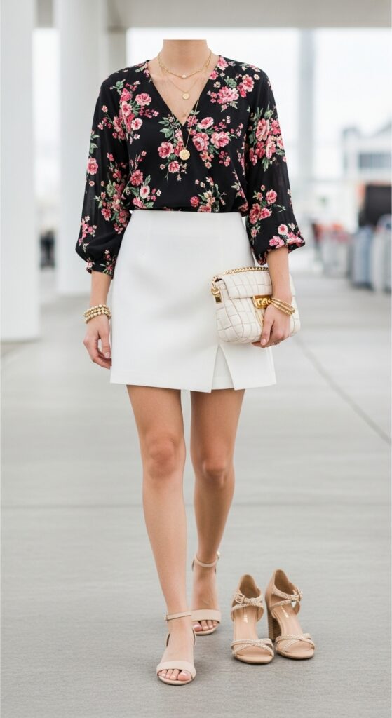 25 Stylish Airport Outfit Ideas for Comfort and Fashion 18 Floral Blouse and Mini Skirt