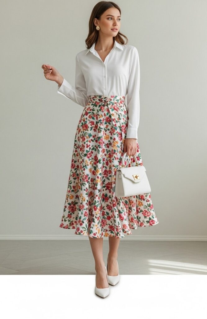 28 Stylish Ways to Wear a White Button-Down Shirt and Elevate Your Fashion 13 Floral Midi Skirt & Heels