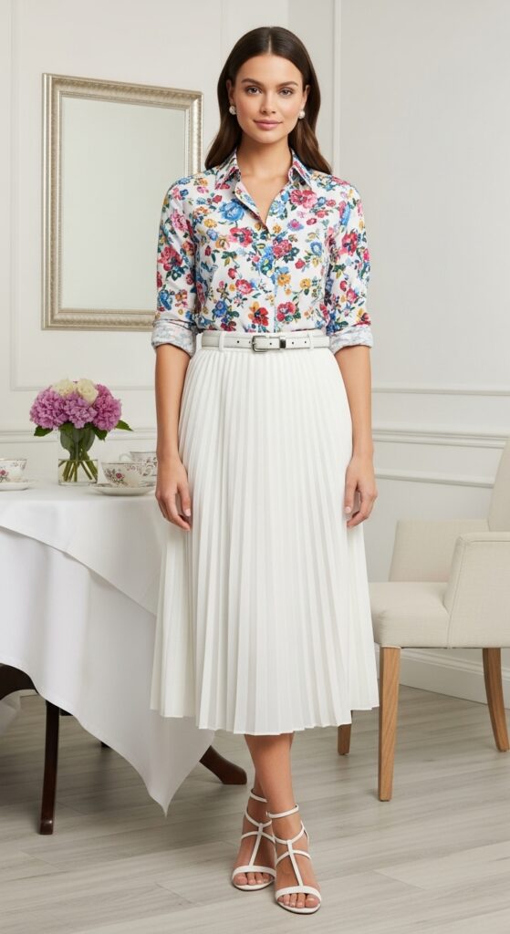 Floral Shirt and Pleated Skirt Combo