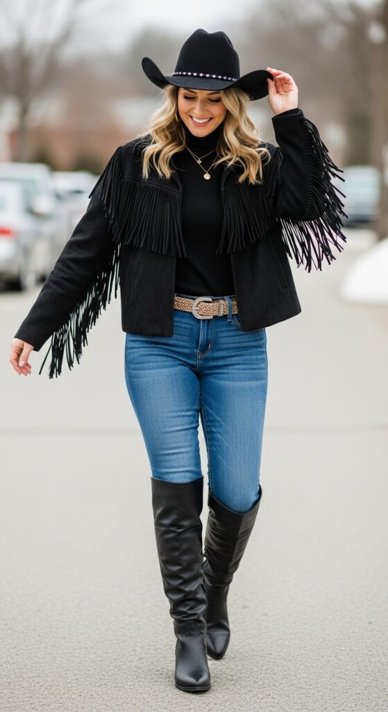 18 Winter Country Concert Outfit Ideas That Will Have You Dancing in Style 11 Fringe Jacket and Knee-High Boots
