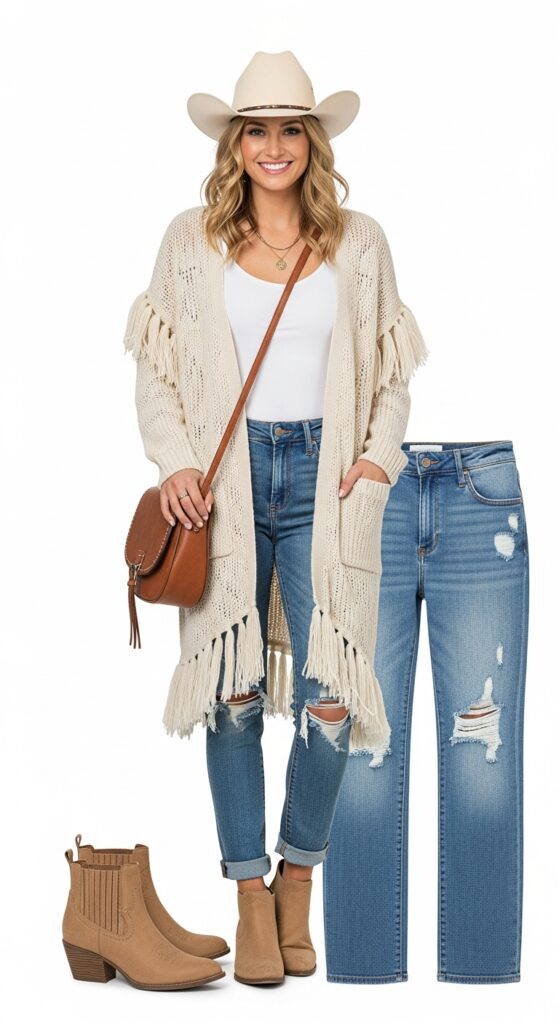 18 Winter Country Concert Outfit Ideas That Will Have You Dancing in Style 12 Fringed Cardigan and Ankle Boots