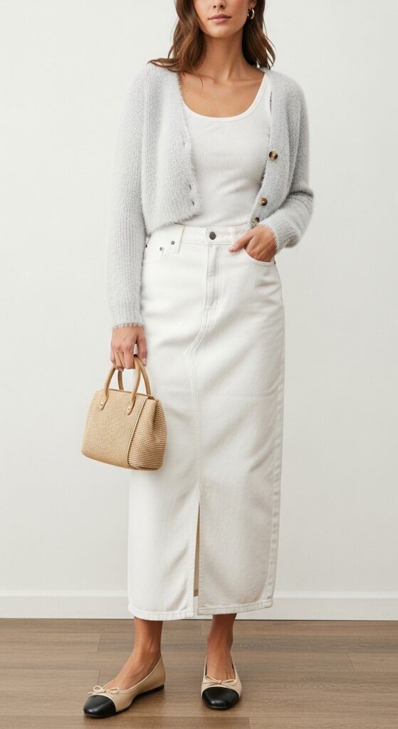 Fuzzy Cardigan and Denim Skirt