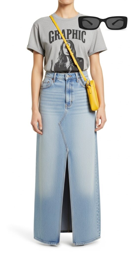 Graphic Tee & Denim Maxi Skirt