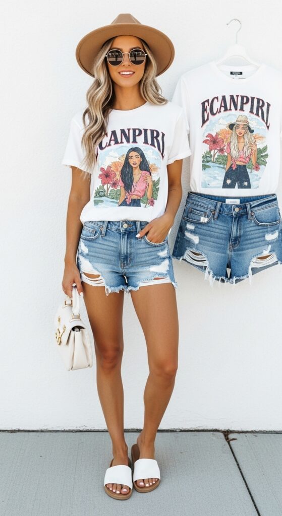 Graphic Tee & Distressed Denim Shorts – Fun & Laid-Back