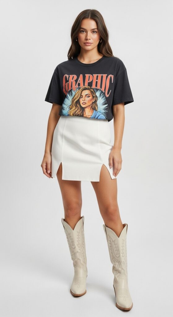 How to Wear Cowboy Boots: 22 Stylish Outfit Ideas You’ll Love 15 Graphic Tee and Mini Skirt