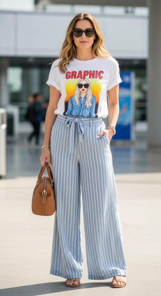 25 Stylish Airport Outfit Ideas for Comfort and Fashion 13 Graphic Tee and Patterned Pants