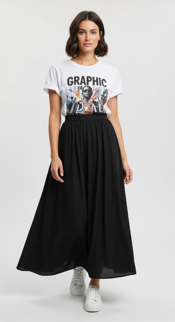 25 Trendy White Sneakers Outfits for Women That Are Totally Chic 9 Graphic and Flowing T-Shirt and Maxi Skirt