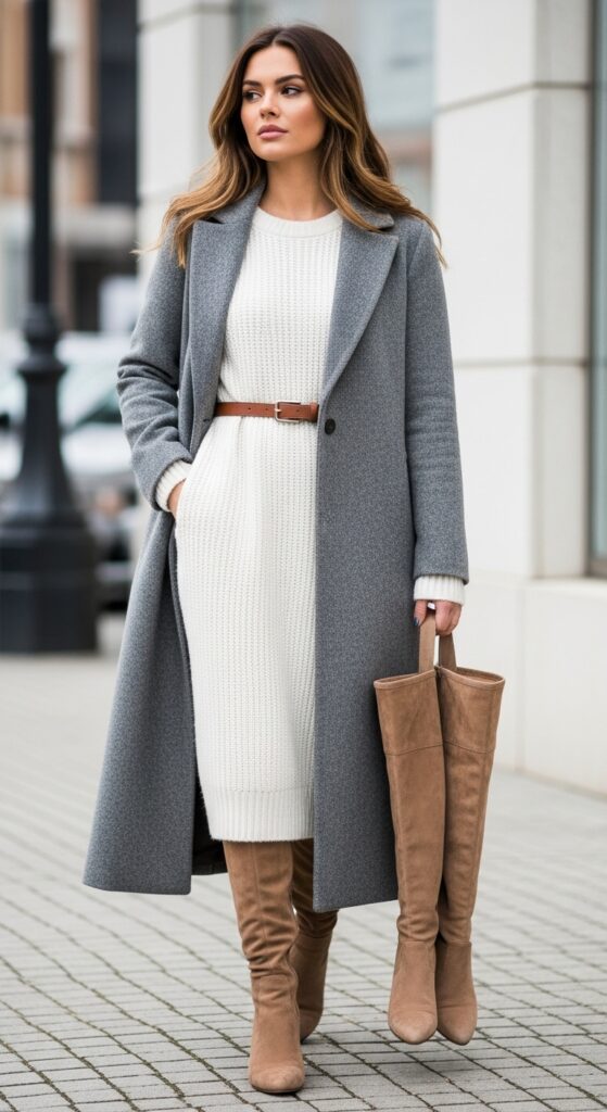 Gray Long Wool Coat with Knit Sweater Dress