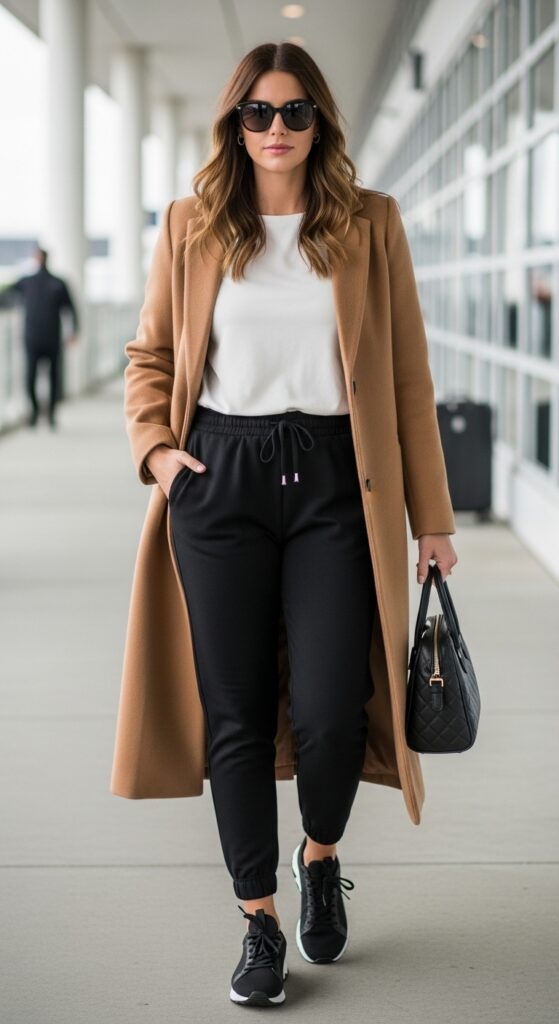 25 Stylish Airport Outfit Ideas for Comfort and Fashion 19 Joggers and a Coat
