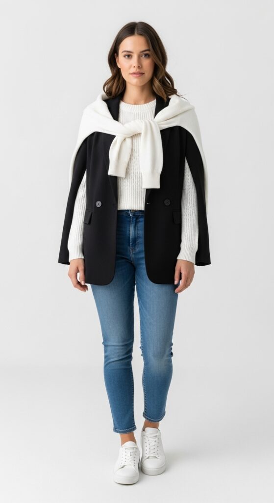 25 Trendy White Sneakers Outfits for Women That Are Totally Chic 26 Layered Look Blazer and Sweater