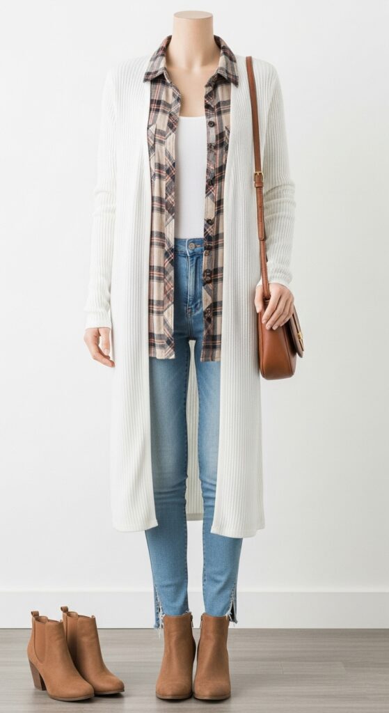 14 Stylish Ways to Wear a Long Cardigan for Any Occasion 11 Layered Look with Plaid Shirt