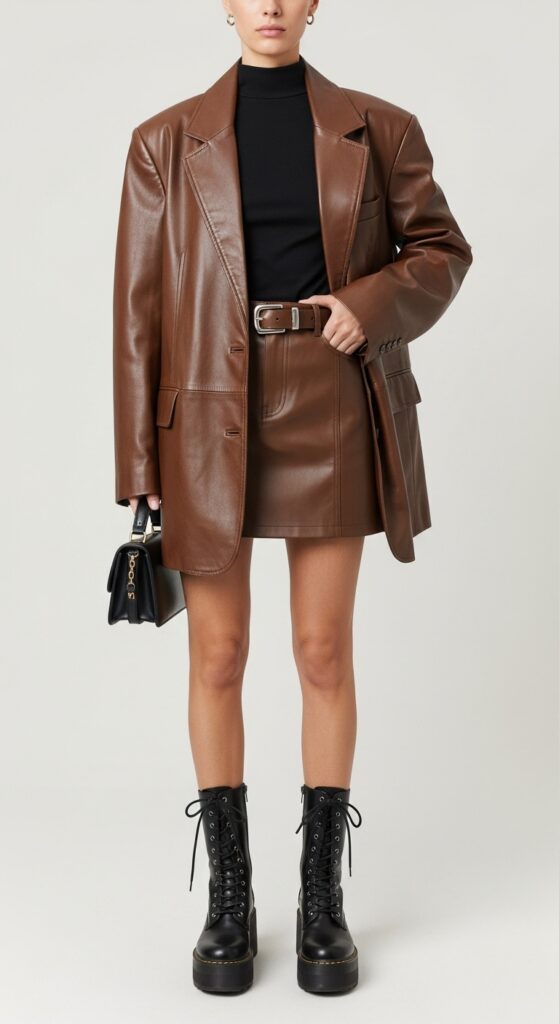 14 Stylish Brown Skirt Outfit Ideas You’ll Love 9 Leather Blazer & Mini Skirt