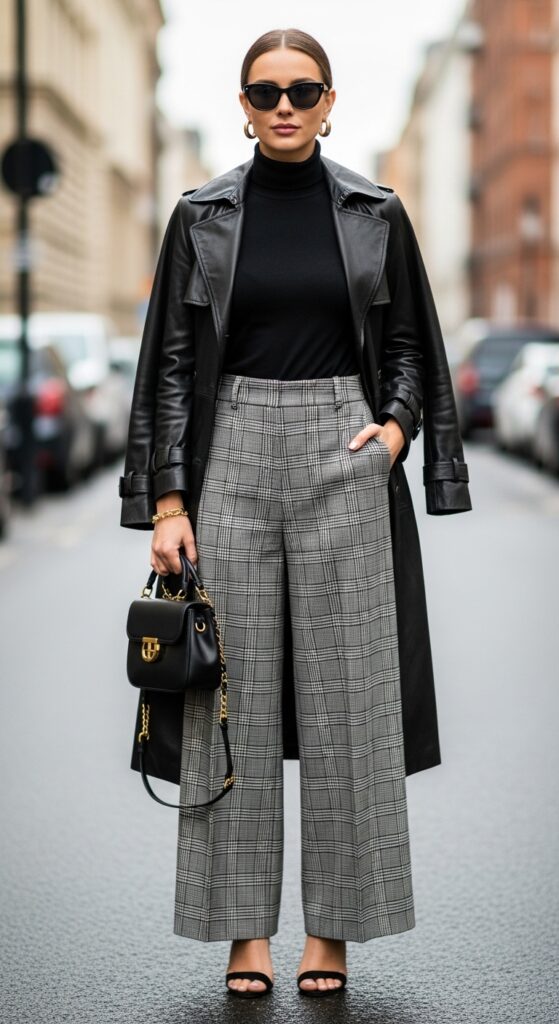 22 Chic Turtleneck Outfits to Elevate Your Style This Season 22 Leather Trench & Wide-Leg Pants