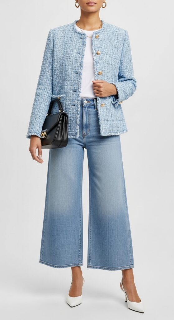 17 Stylish Ways to Wear a Tweed Jacket for Every Occasion 15 Light Blue Tweed Jacket with Wide-Leg Jeans