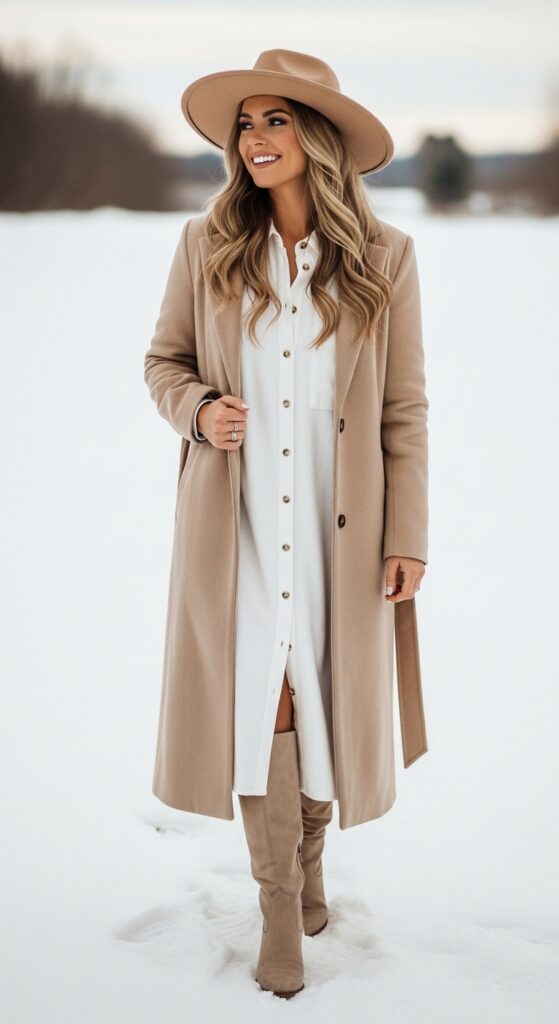 18 Winter Country Concert Outfit Ideas That Will Have You Dancing in Style 8 Long Coat and Shirt Dress