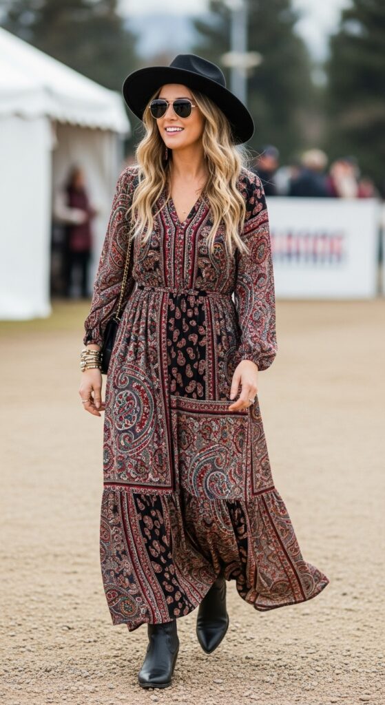 18 Winter Country Concert Outfit Ideas That Will Have You Dancing in Style 3 Long Paisley Dress and Boots